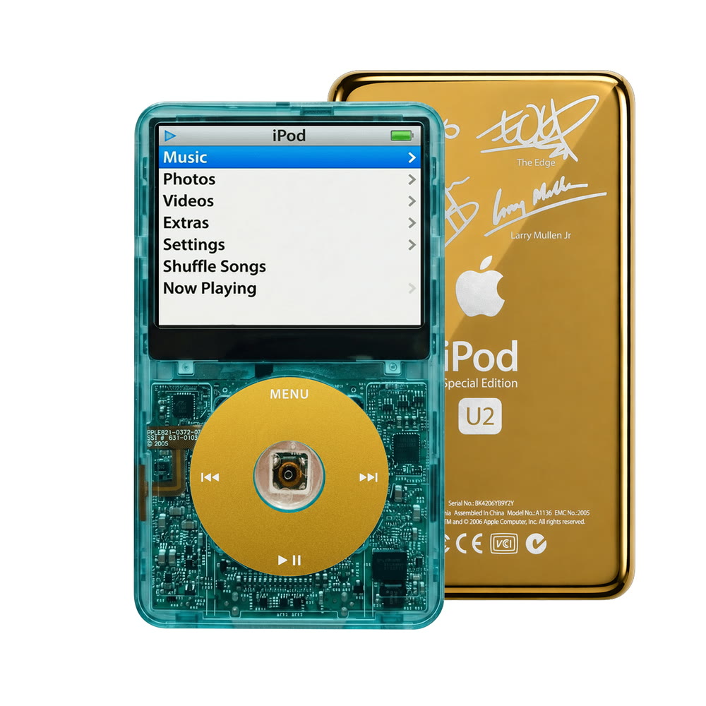 Clear Blue refurbished iPod Video 5.5 Gen with Yellow click wheel and Gold U2 back plate