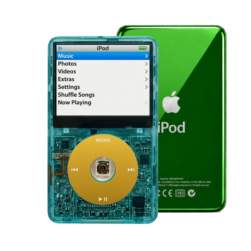 Clear Blue refurbished iPod Video 5.5 Gen with Yellow click wheel and Green back plate