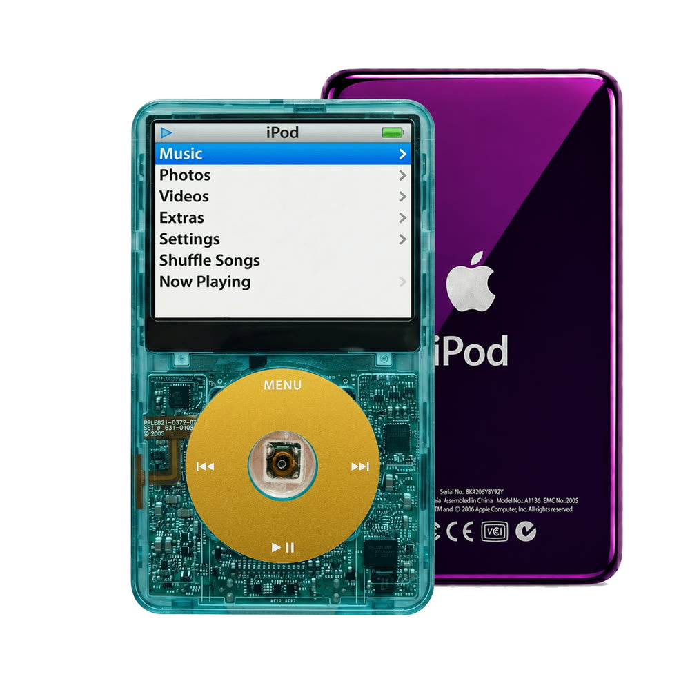 Clear Blue refurbished iPod Video 5.5 Gen with Yellow click wheel and Purple back plate