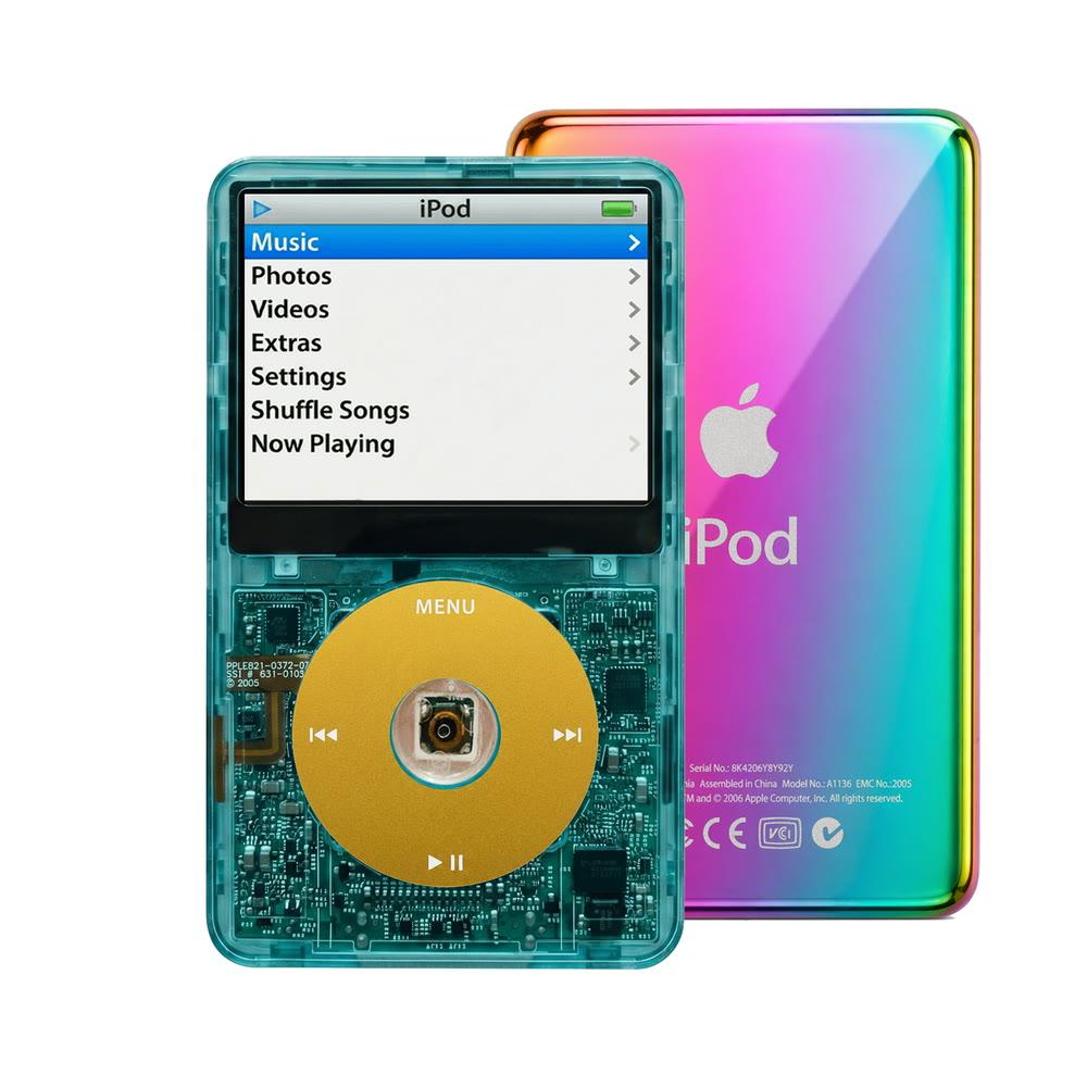 Clear Blue refurbished iPod Video 5.5 Gen with Yellow click wheel and Rainbow back plate