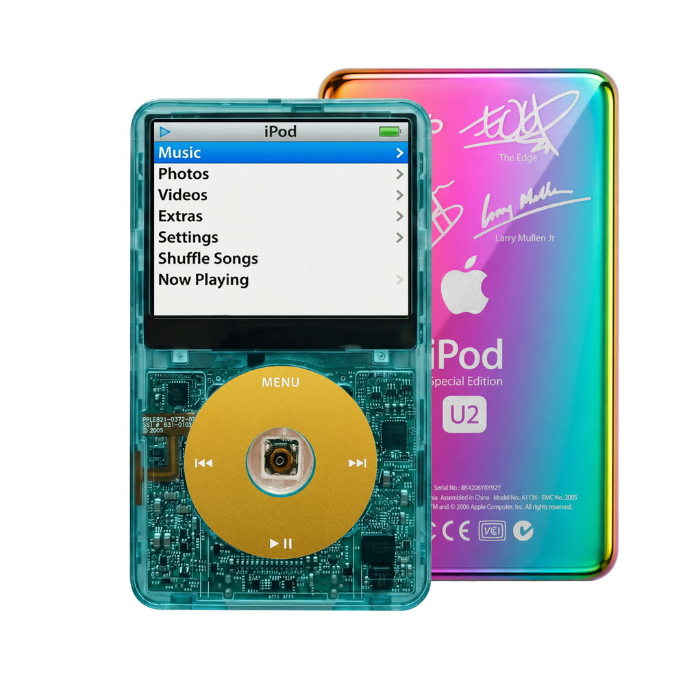 Clear Blue refurbished iPod Video 5.5 Gen with Yellow click wheel and Rainbow U2 back plate