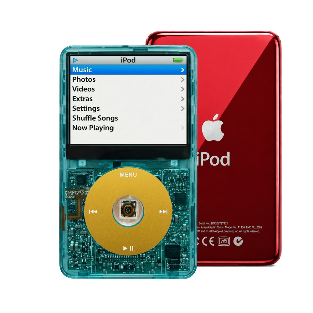 Clear Blue refurbished iPod Video 5.5 Gen with Yellow click wheel and Red back plate
