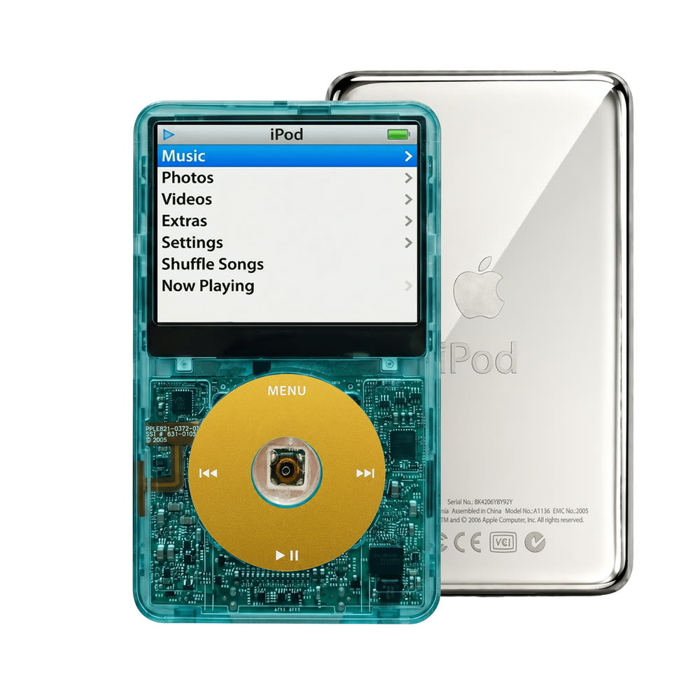 Clear Blue refurbished iPod Video 5.5 Gen with Yellow click wheel and Silver back plate