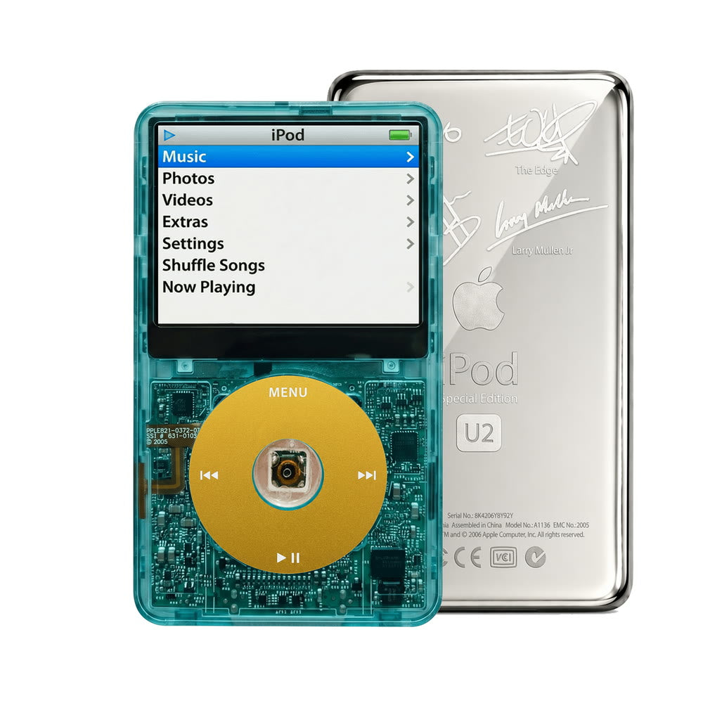 Clear Blue refurbished iPod Video 5.5 Gen with Yellow click wheel and Silver U2 back plate