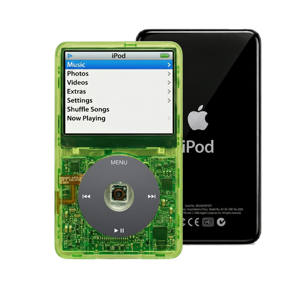 Clear Green refurbished iPod Video 5.5 Gen with Black click wheel and Black back plate