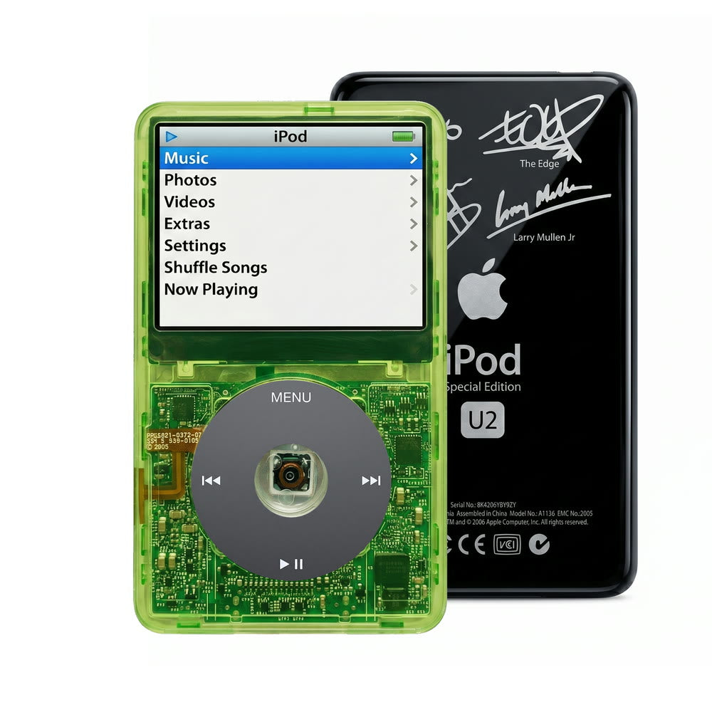Clear Green refurbished iPod Video 5.5 Gen with Black click wheel and Black U2 back plate