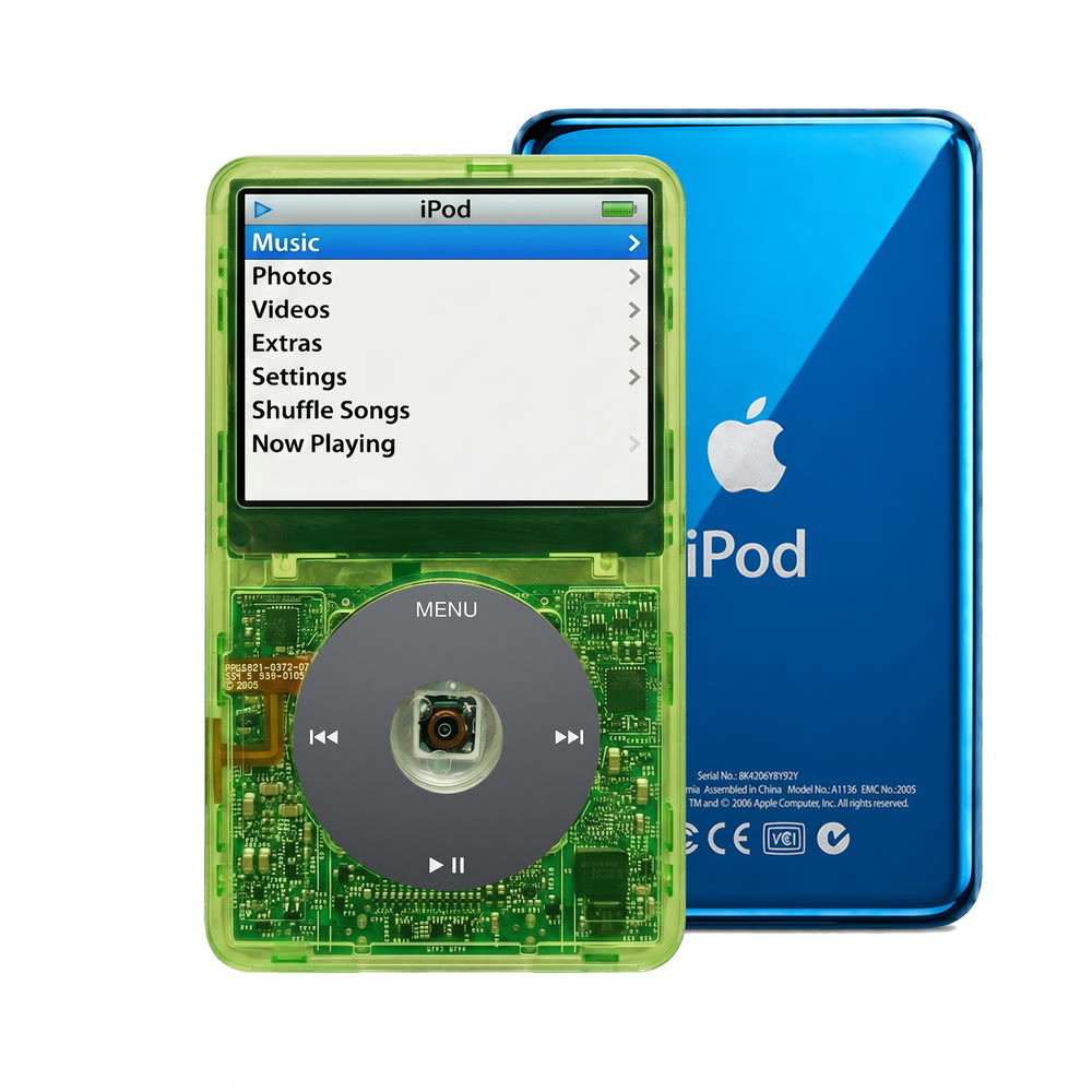 Clear Green refurbished iPod Video 5.5 Gen with Black click wheel and Blue back plate