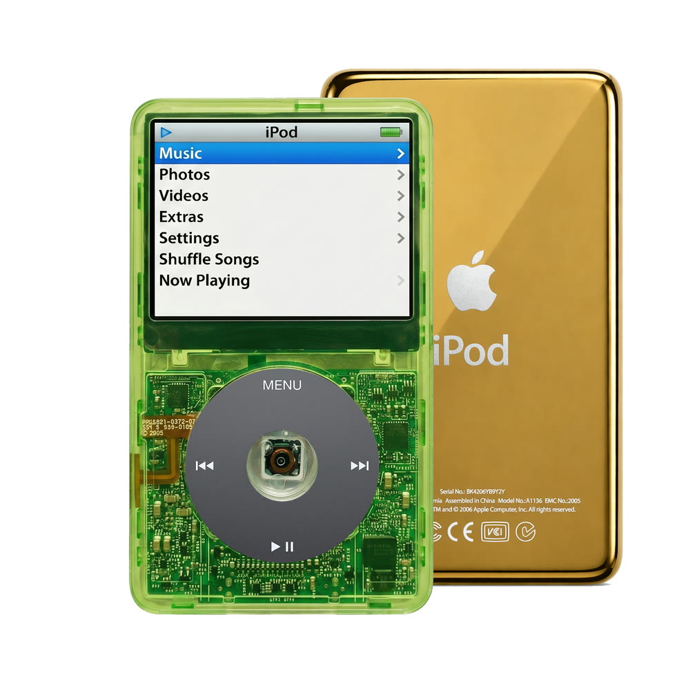 Clear Green refurbished iPod Video 5.5 Gen with Black click wheel and Gold back plate