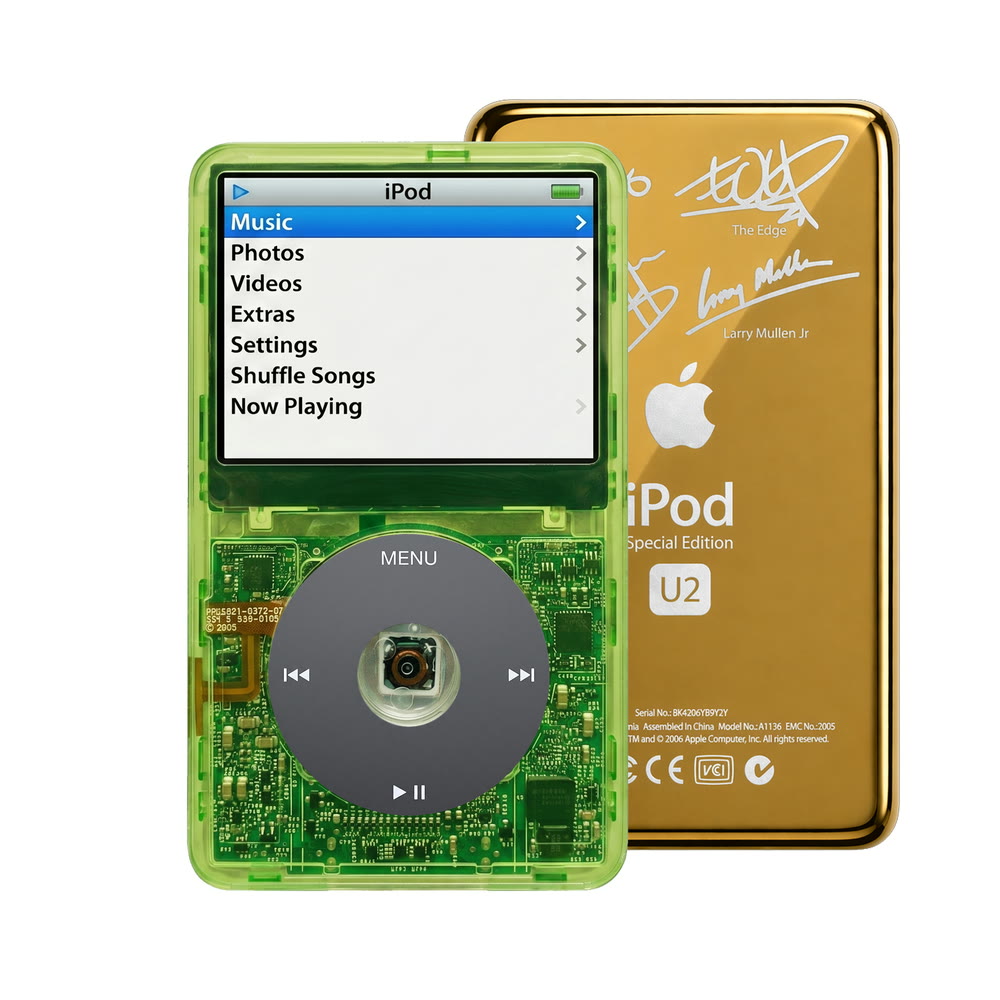 Clear Green refurbished iPod Video 5.5 Gen with Black click wheel and Gold U2 back plate