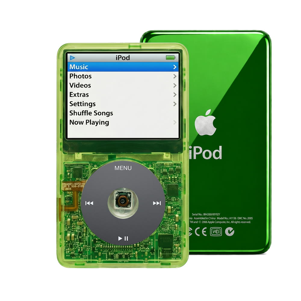 Clear Green refurbished iPod Video 5.5 Gen with Black click wheel and Green back plate
