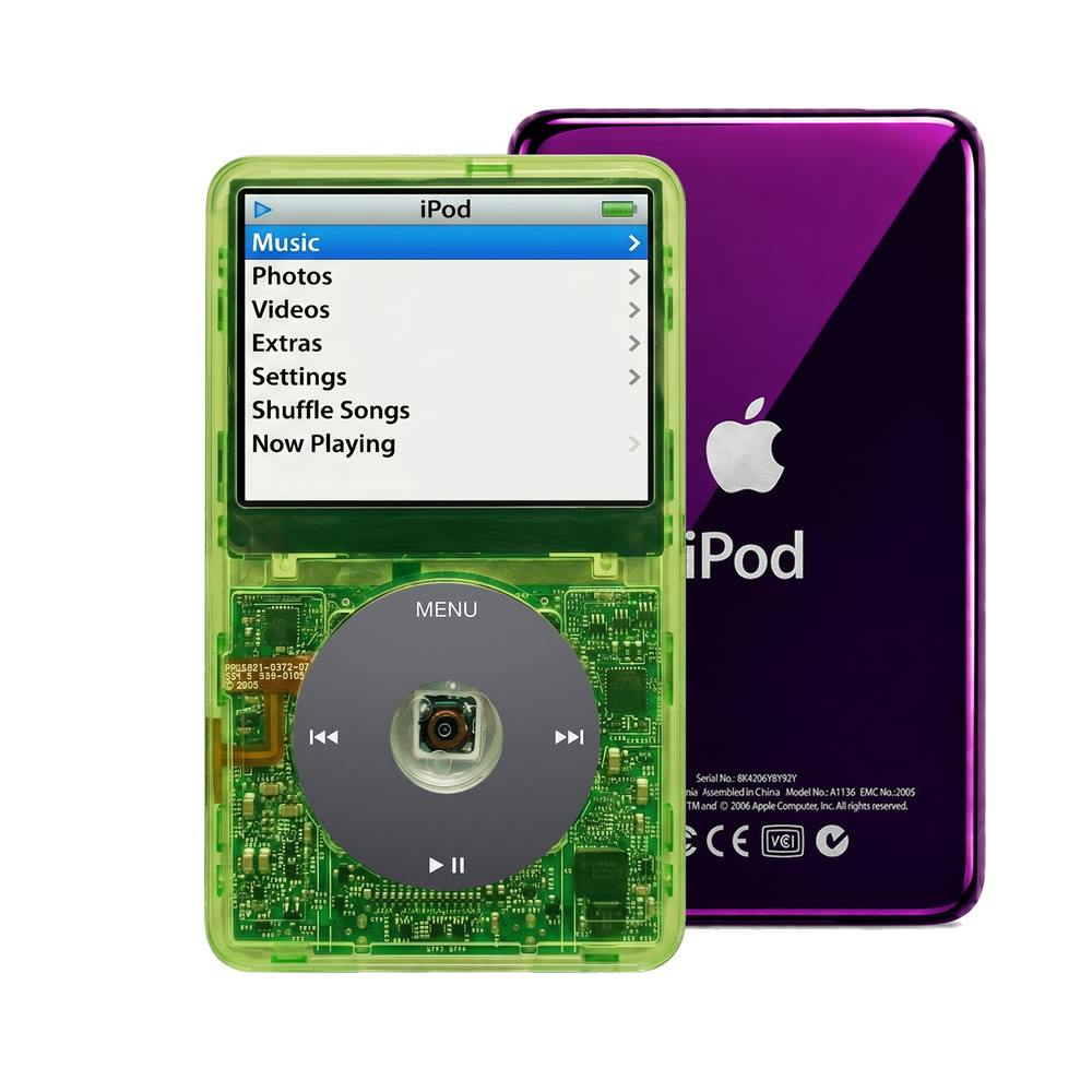 Clear Green refurbished iPod Video 5.5 Gen with Black click wheel and Purple back plate
