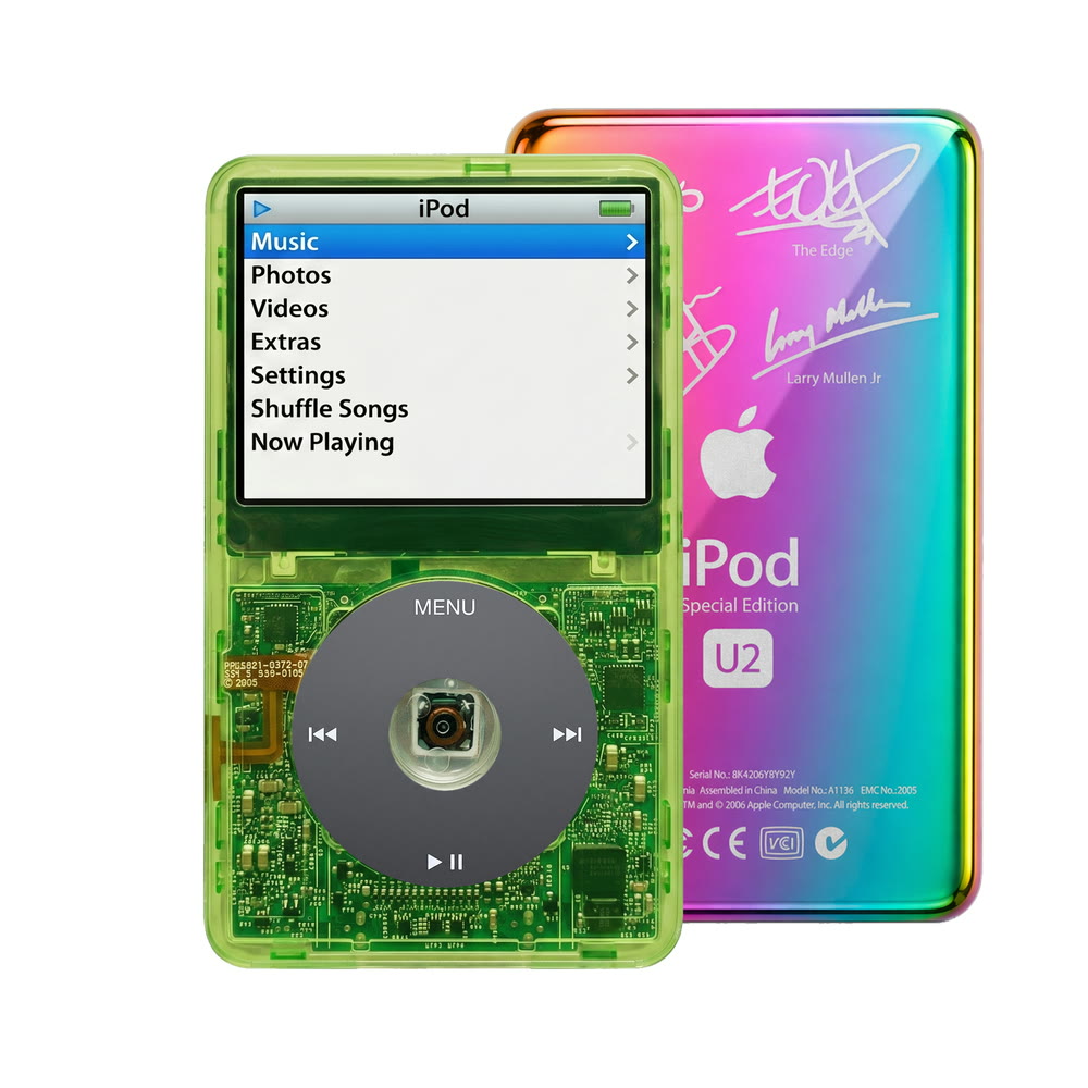 Clear Green refurbished iPod Video 5.5 Gen with Black click wheel and Rainbow U2 back plate