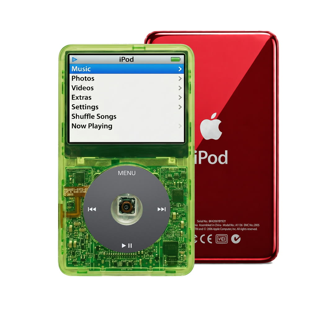 Clear Green refurbished iPod Video 5.5 Gen with Black click wheel and Red back plate
