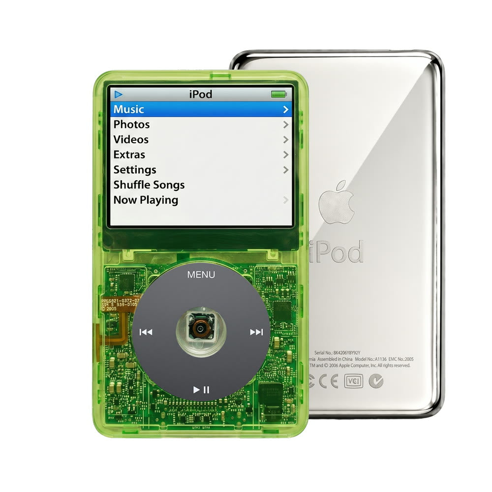 Clear Green refurbished iPod Video 5.5 Gen with Black click wheel and Silver back plate