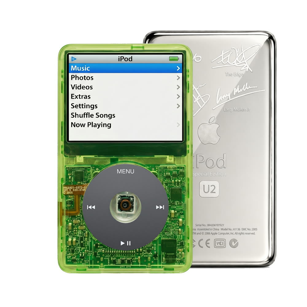 Clear Green refurbished iPod Video 5.5 Gen with Black click wheel and Silver U2 back plate