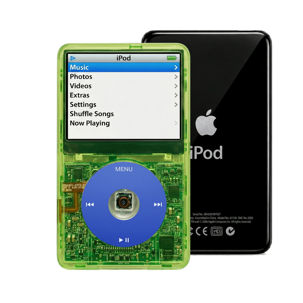 Clear Green refurbished iPod Video 5.5 Gen with Blue click wheel and Black back plate