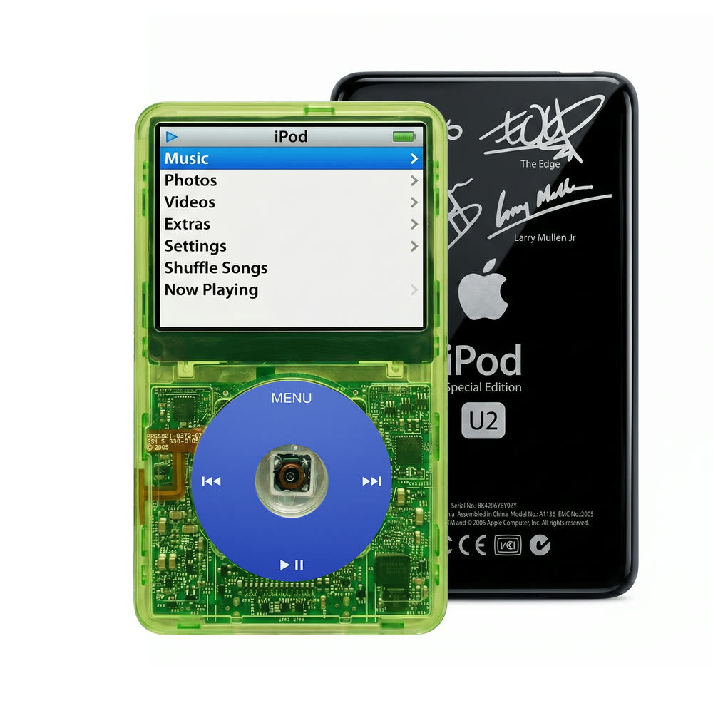 Clear Green refurbished iPod Video 5.5 Gen with Blue click wheel and Black U2 back plate