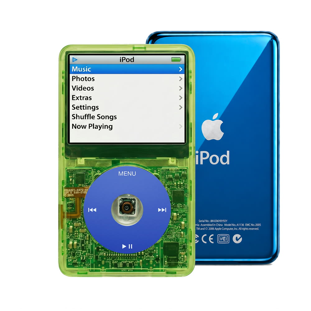Clear Green refurbished iPod Video 5.5 Gen with Blue click wheel and Blue back plate