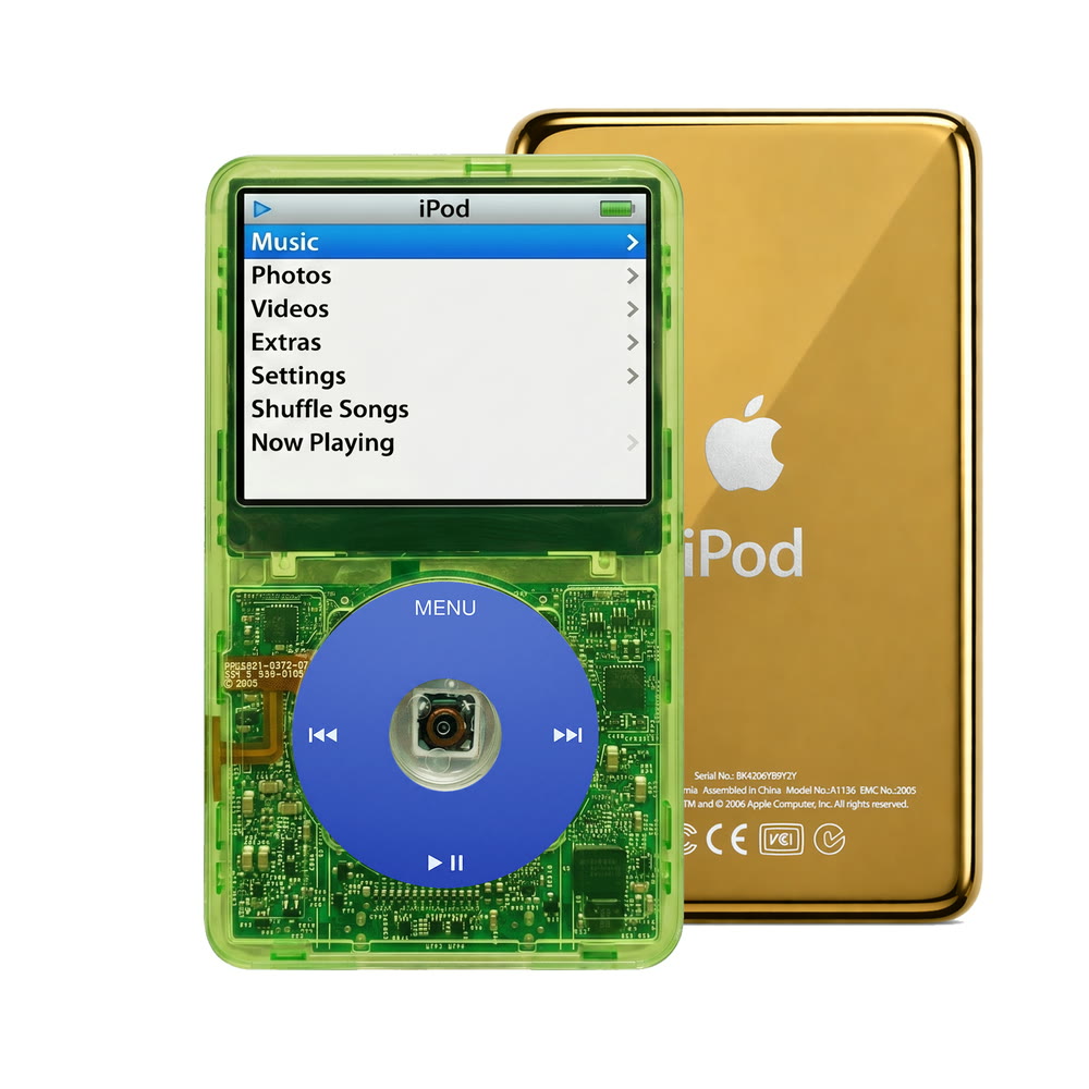 Clear Green refurbished iPod Video 5.5 Gen with Blue click wheel and Gold back plate