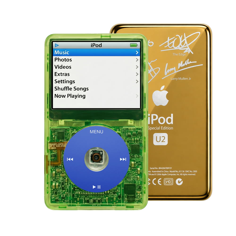 Clear Green refurbished iPod Video 5.5 Gen with Blue click wheel and Gold U2 back plate