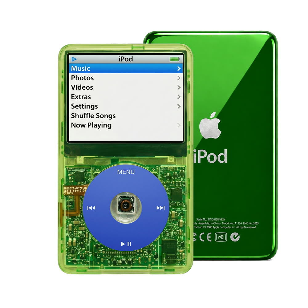 Clear Green refurbished iPod Video 5.5 Gen with Blue click wheel and Green back plate