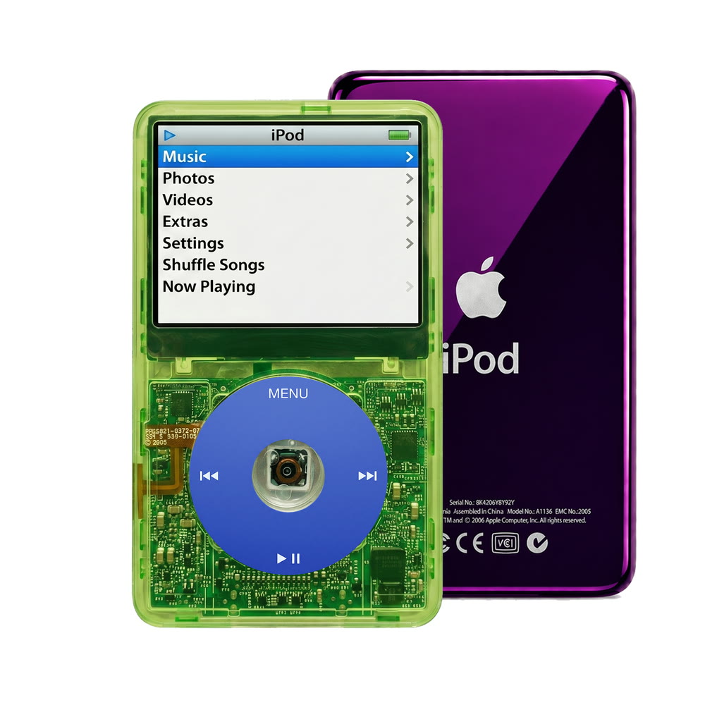 Clear Green refurbished iPod Video 5.5 Gen with Blue click wheel and Purple back plate