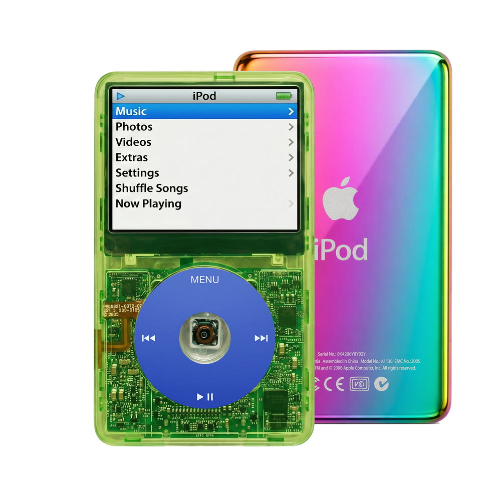 Clear Green refurbished iPod Video 5.5 Gen with Blue click wheel and Rainbow back plate