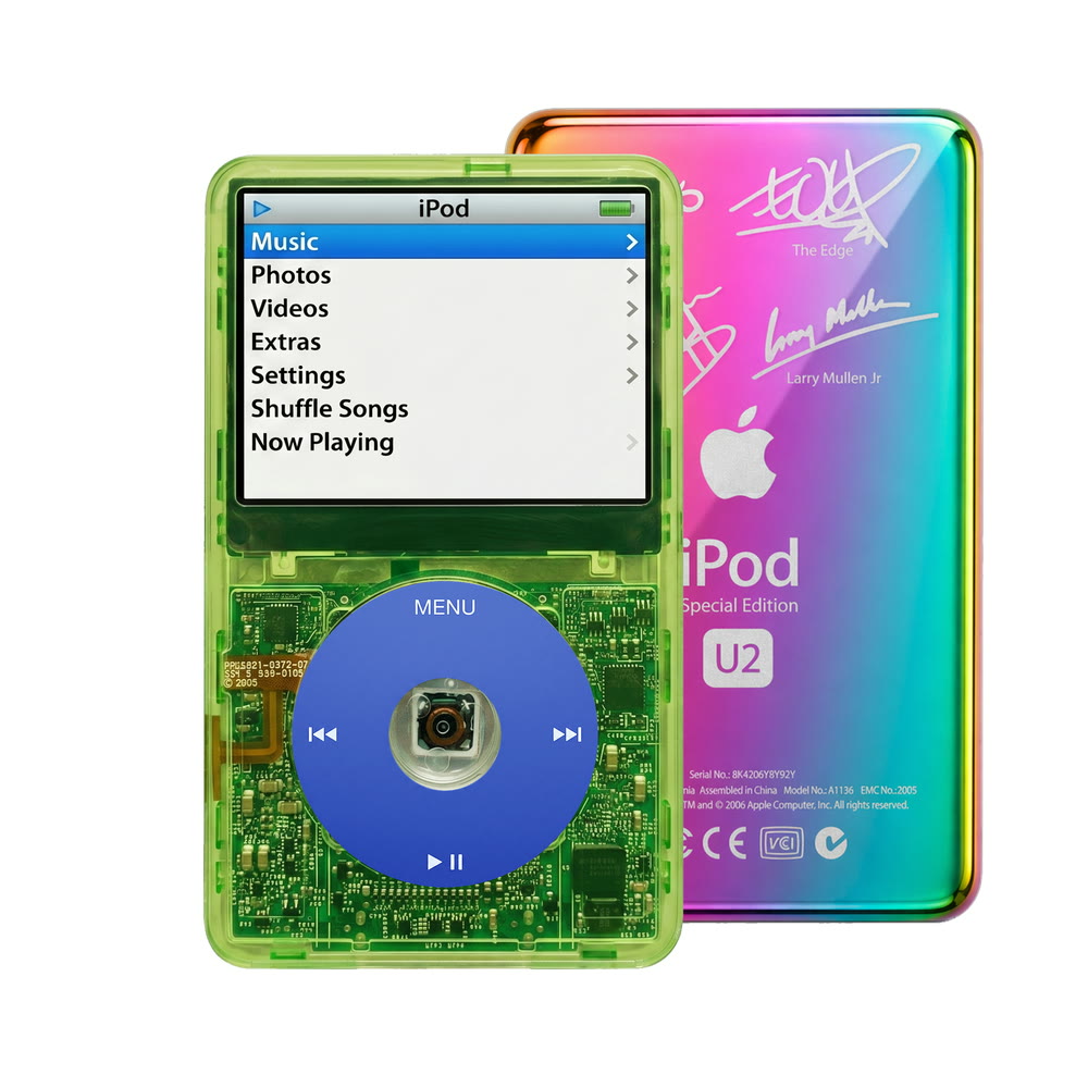 Clear Green refurbished iPod Video 5.5 Gen with Blue click wheel and Rainbow U2 back plate