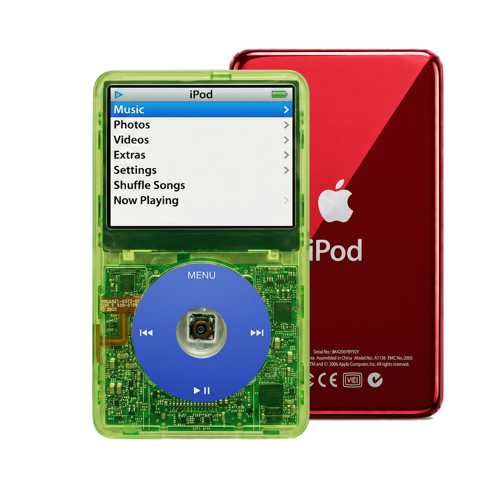 Clear Green refurbished iPod Video 5.5 Gen with Blue click wheel and Red back plate