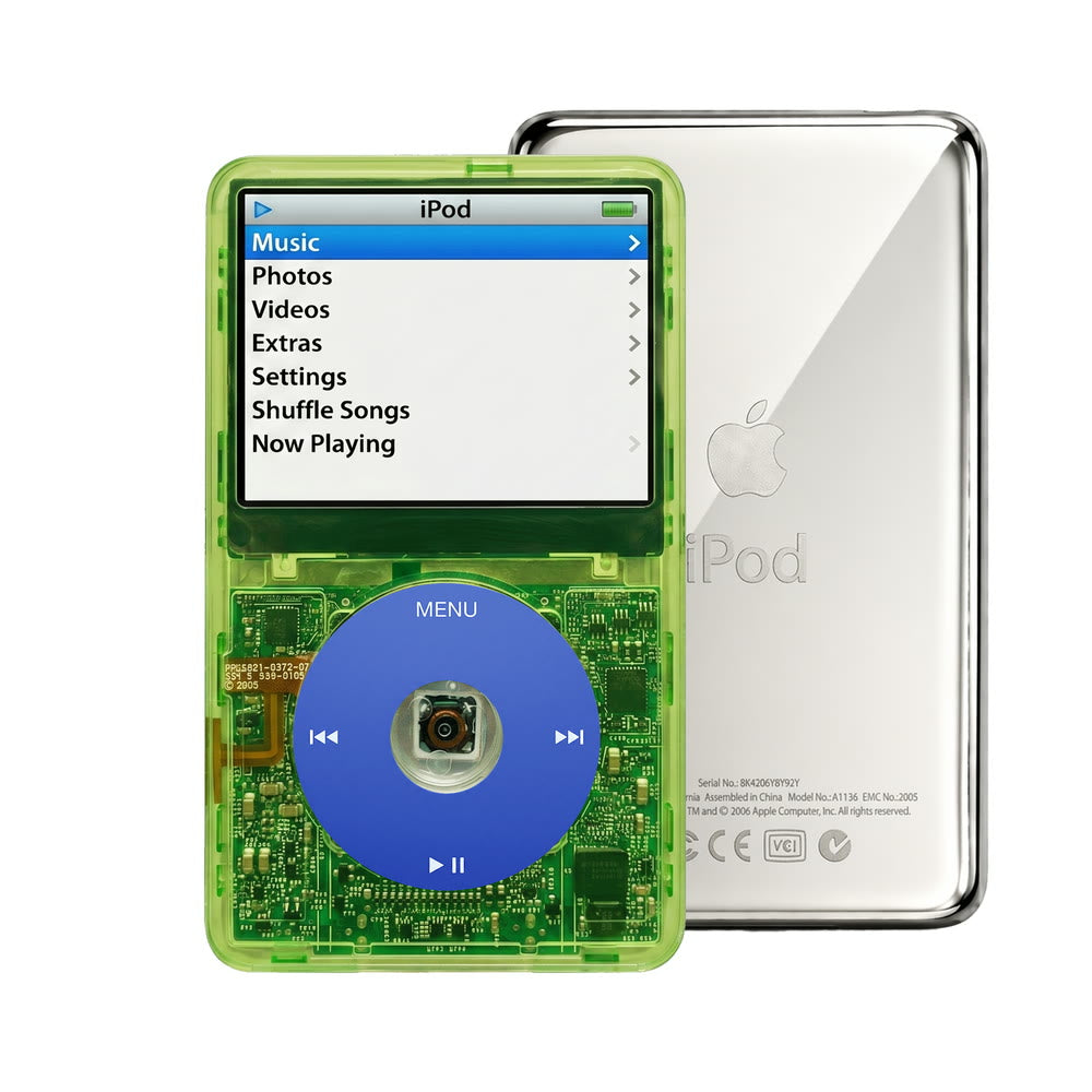 Clear Green refurbished iPod Video 5.5 Gen with Blue click wheel and Silver back plate