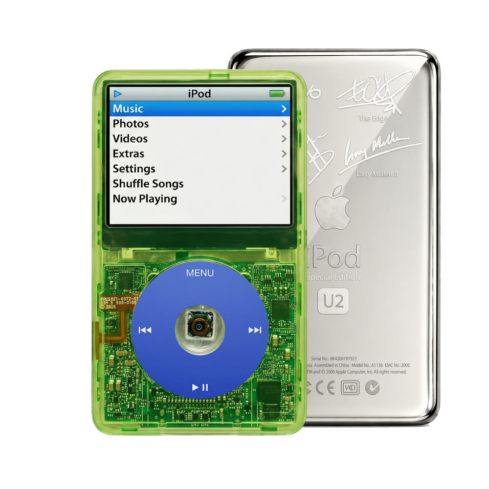 Clear Green refurbished iPod Video 5.5 Gen with Blue click wheel and Silver U2 back plate