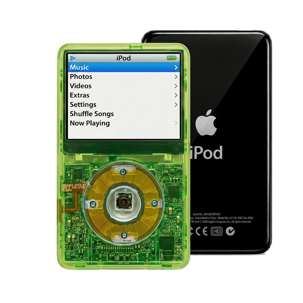 Clear Green refurbished iPod Video 5.5 Gen with Clear Blue click wheel and Black back plate