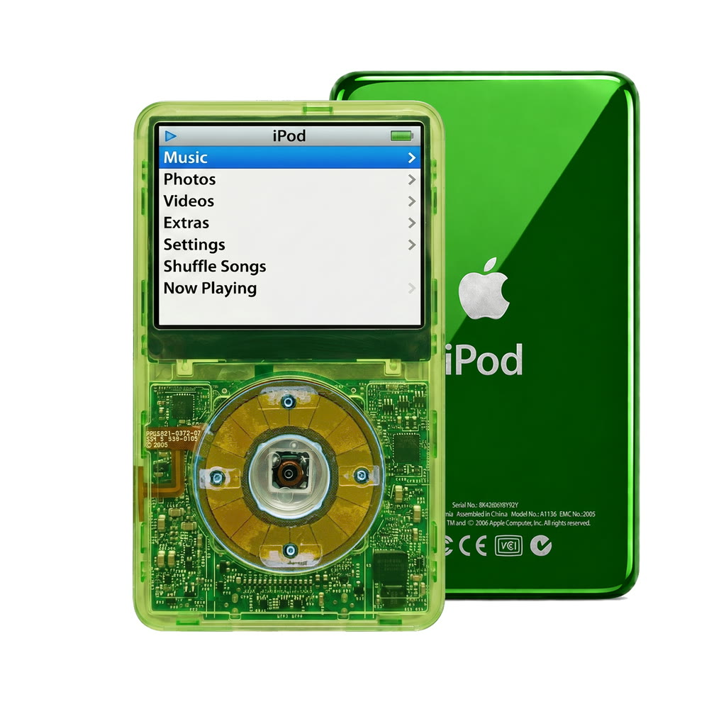 Clear Green refurbished iPod Video 5.5 Gen with Clear Blue click wheel and Green back plate