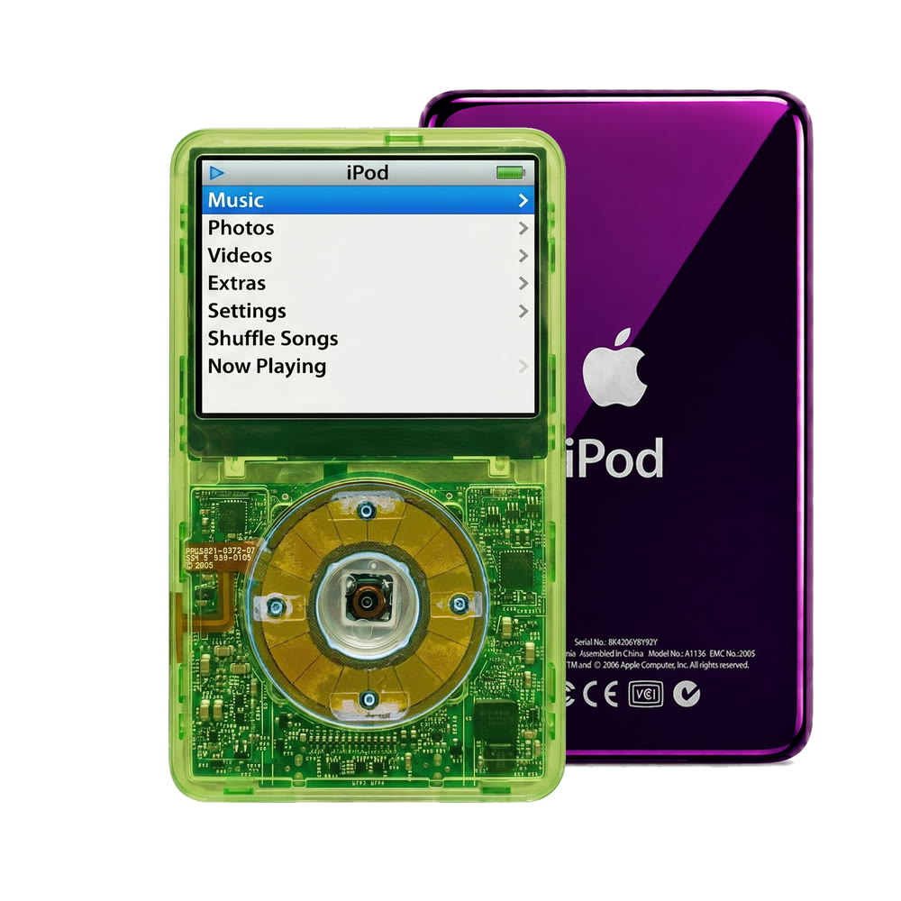Clear Green refurbished iPod Video 5.5 Gen with Clear Blue click wheel and Purple back plate