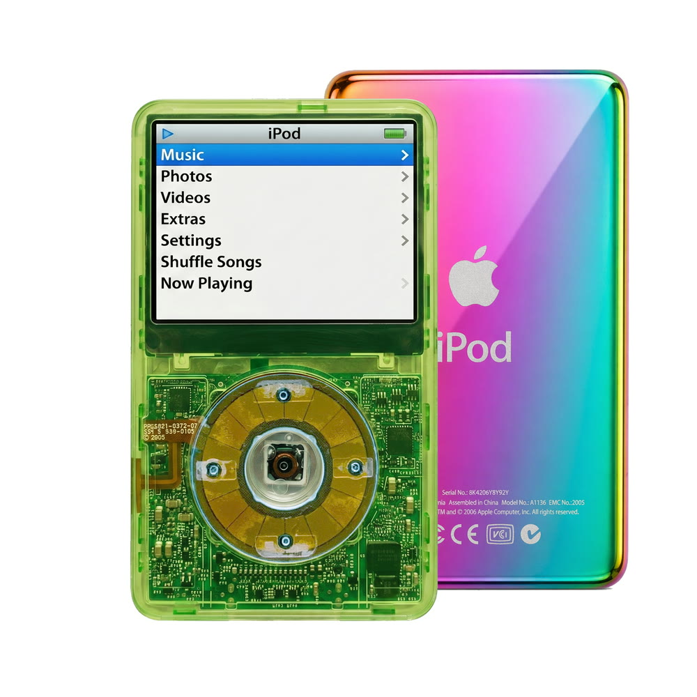 Clear Green refurbished iPod Video 5.5 Gen with Clear Blue click wheel and Rainbow back plate