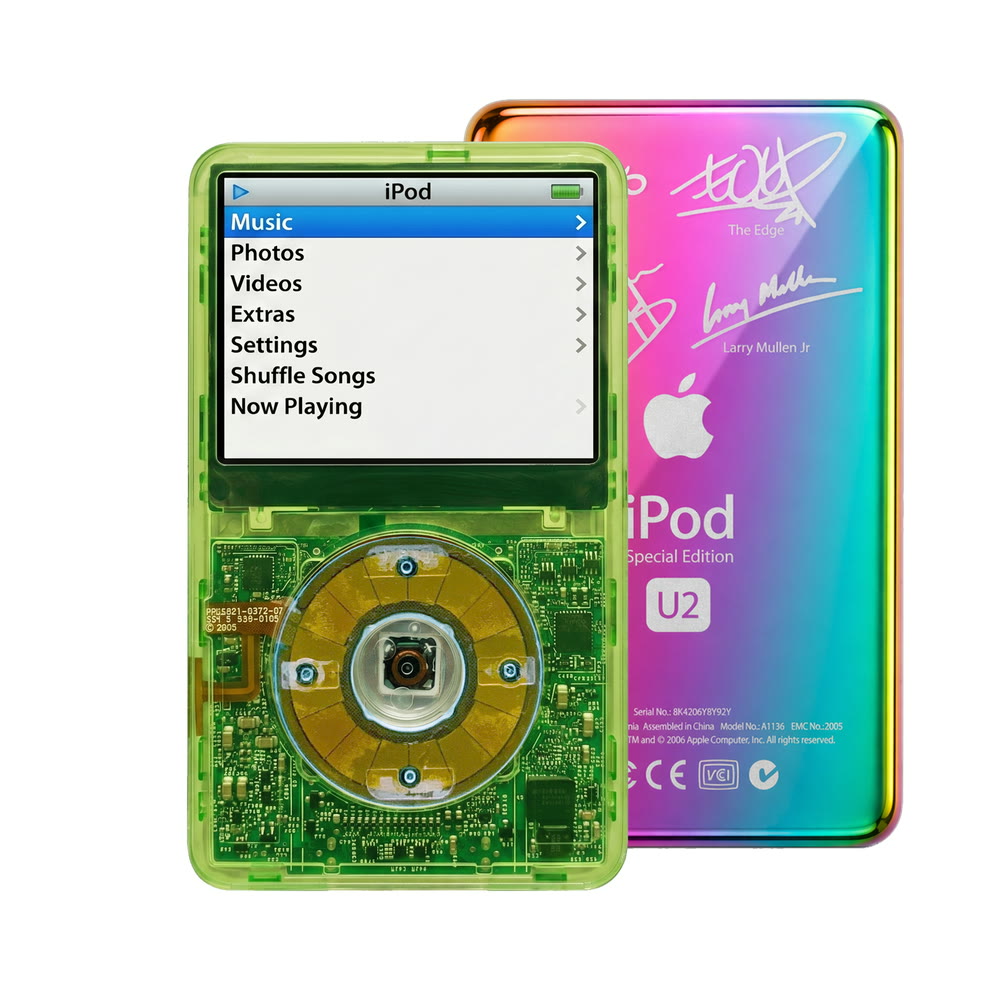 Clear Green refurbished iPod Video 5.5 Gen with Clear Blue click wheel and Rainbow U2 back plate
