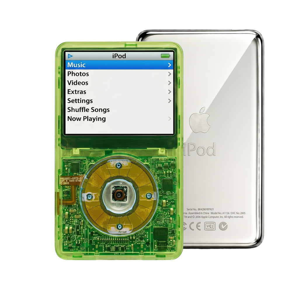 Clear Green refurbished iPod Video 5.5 Gen with Clear Blue click wheel and Silver back plate