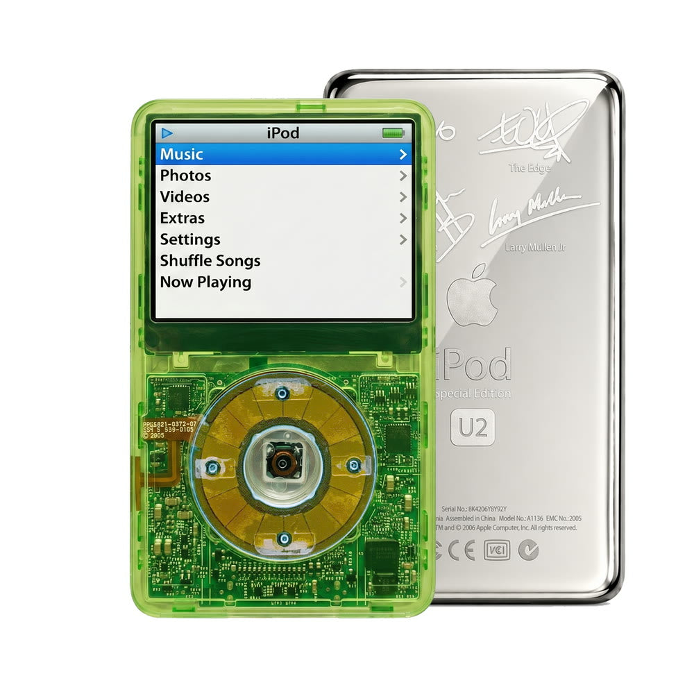 Clear Green refurbished iPod Video 5.5 Gen with Clear Blue click wheel and Silver U2 back plate