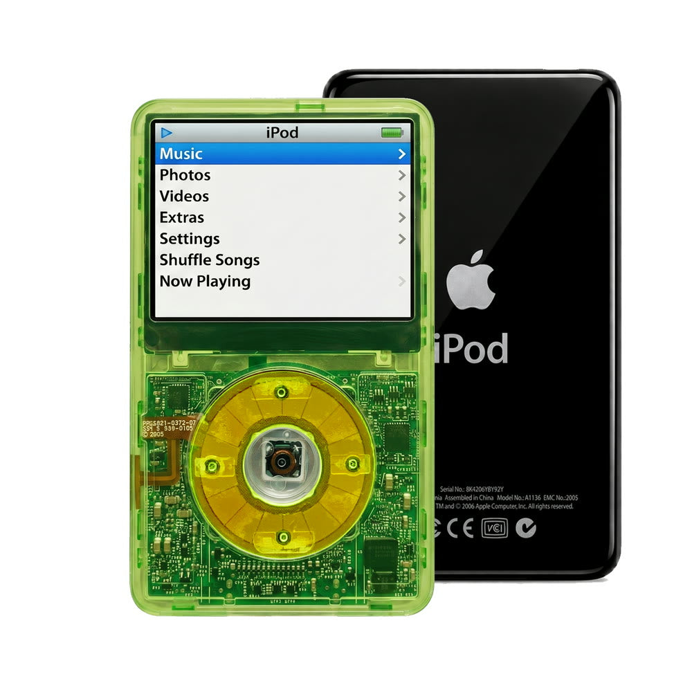 Clear Green refurbished iPod Video 5.5 Gen with Clear Green click wheel and Black back plate