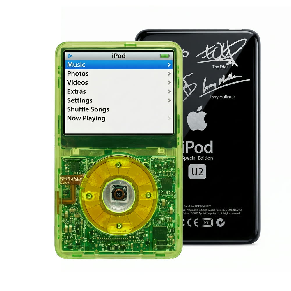 Clear Green refurbished iPod Video 5.5 Gen with Clear Green click wheel and Black U2 back plate