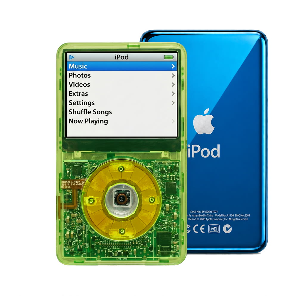 Clear Green refurbished iPod Video 5.5 Gen with Clear Green click wheel and Blue back plate