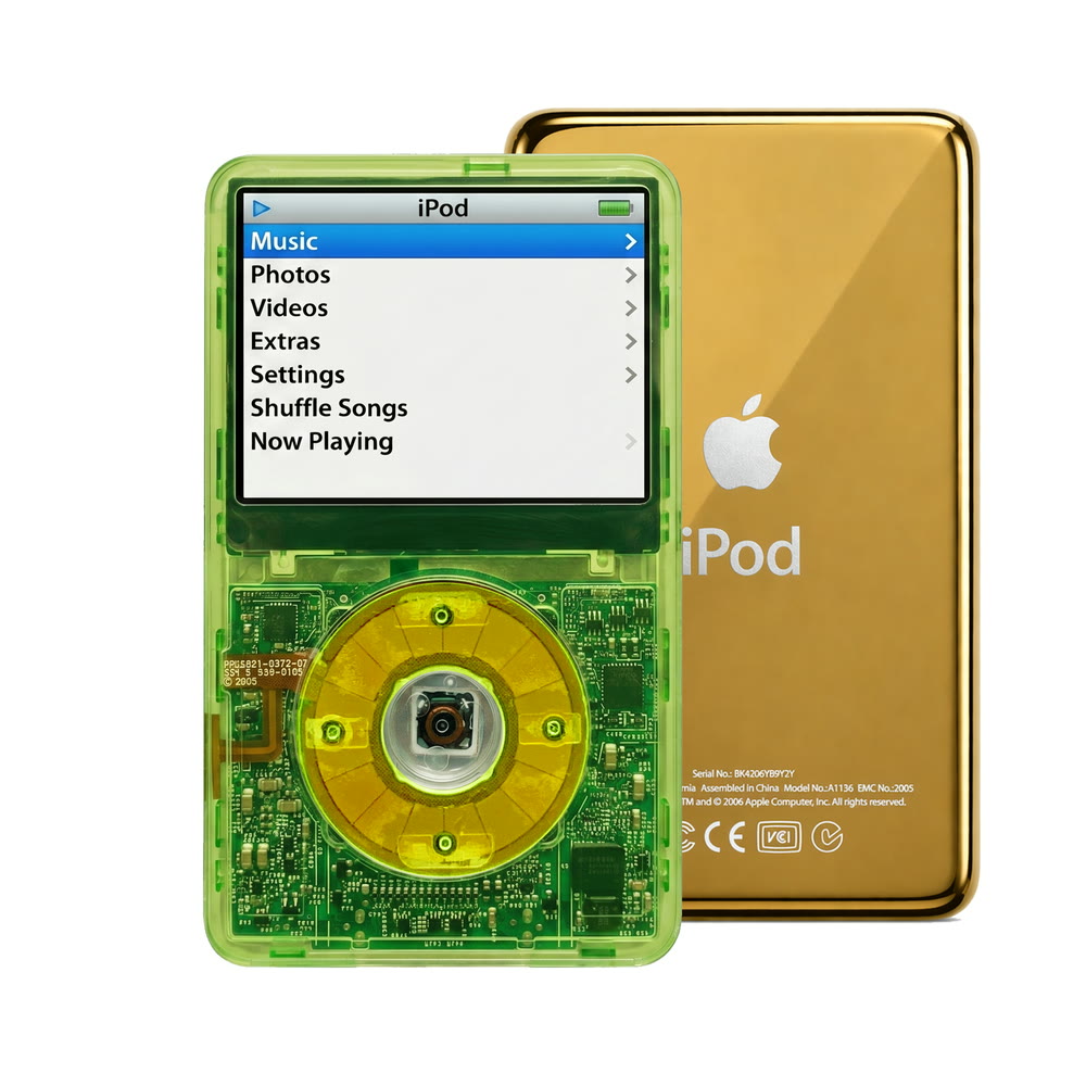 Clear Green refurbished iPod Video 5.5 Gen with Clear Green click wheel and Gold back plate