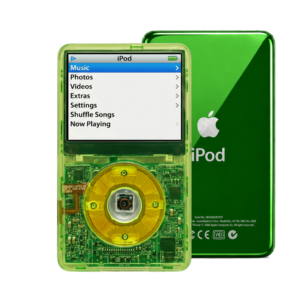 Clear Green refurbished iPod Video 5.5 Gen with Clear Green click wheel and Green back plate