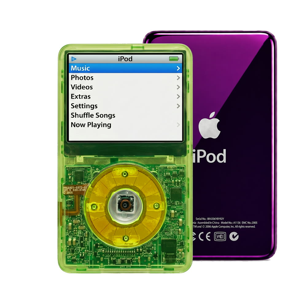 Clear Green refurbished iPod Video 5.5 Gen with Clear Green click wheel and Purple back plate