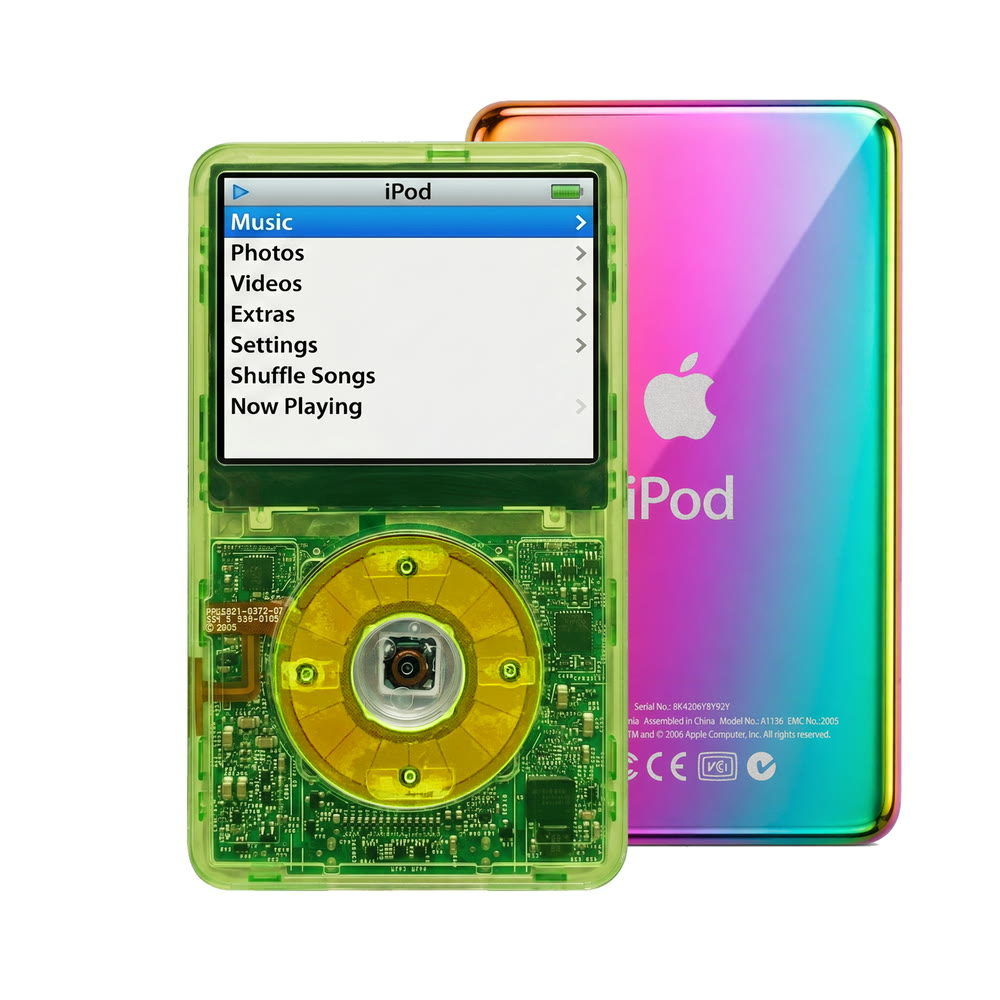 Clear Green refurbished iPod Video 5.5 Gen with Clear Green click wheel and Rainbow back plate