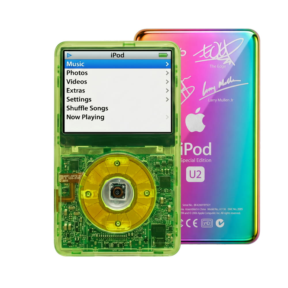 Clear Green refurbished iPod Video 5.5 Gen with Clear Green click wheel and Rainbow U2 back plate