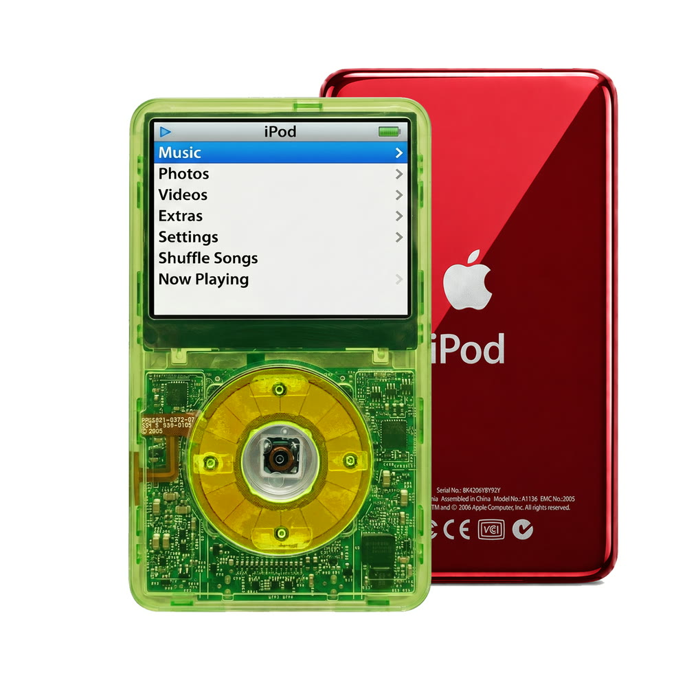Clear Green refurbished iPod Video 5.5 Gen with Clear Green click wheel and Red back plate