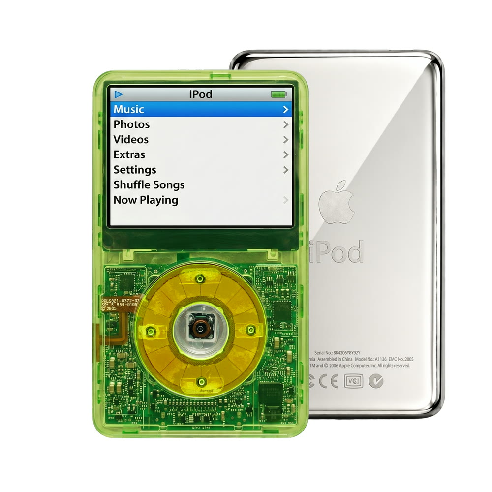 Clear Green refurbished iPod Video 5.5 Gen with Clear Green click wheel and Silver back plate