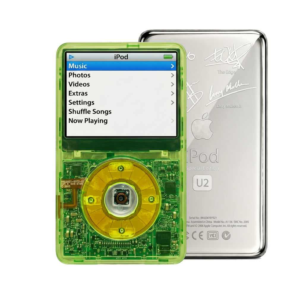 Clear Green refurbished iPod Video 5.5 Gen with Clear Green click wheel and Silver U2 back plate