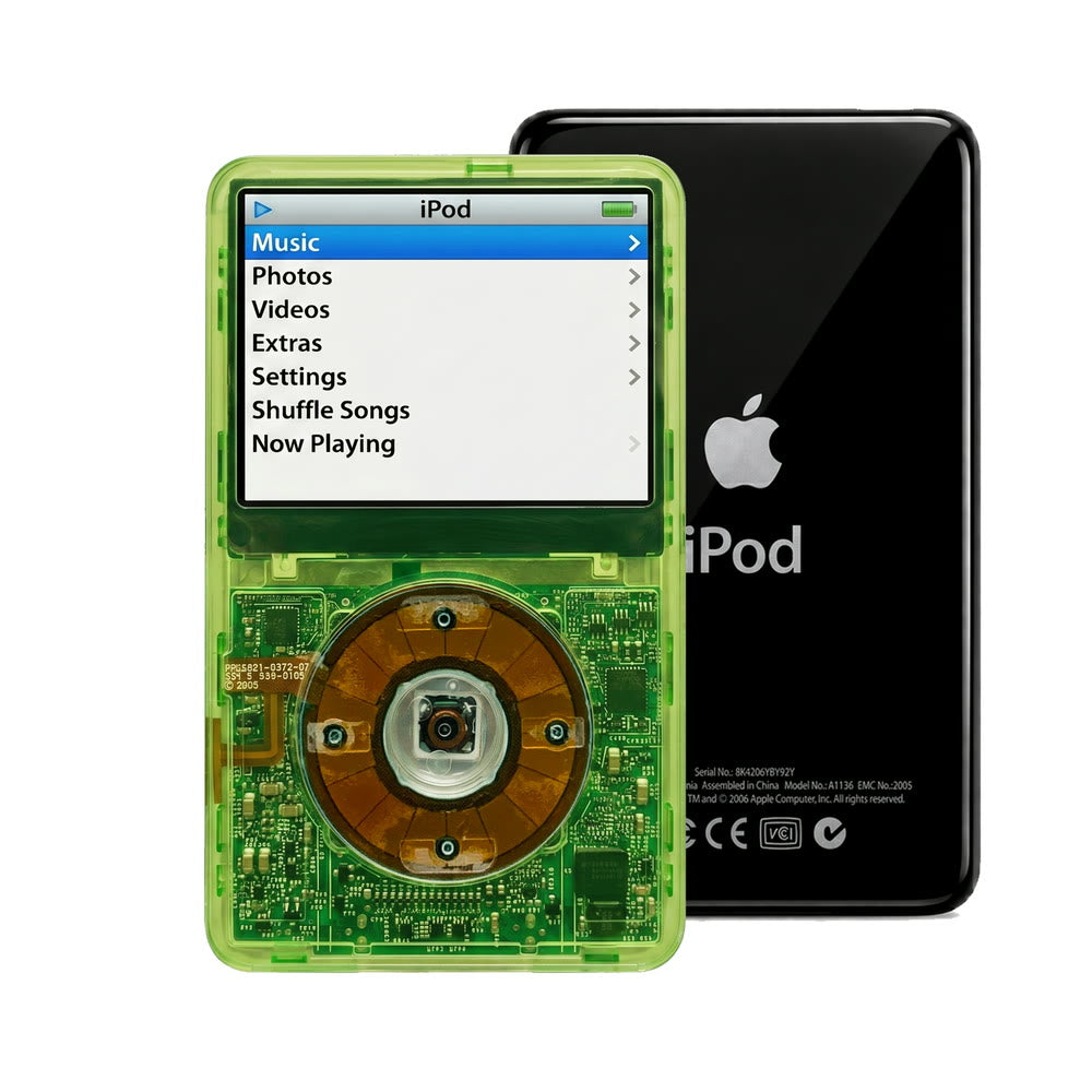 Clear Green refurbished iPod Video 5.5 Gen with Clear Gray click wheel and Black back plate
